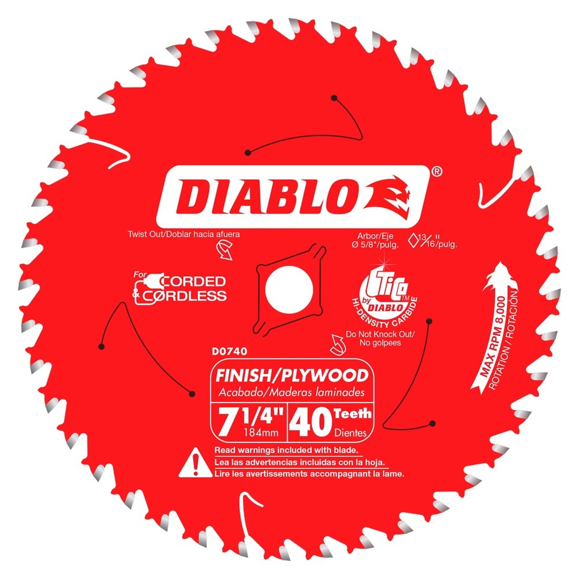 Diablo, 7 1/4 x 40 Finish Saw Blade, Blade Diameter 7 1/4 in, Teeth Per Inch 40 TPI, Included (qty.) 1, Model# D0740X